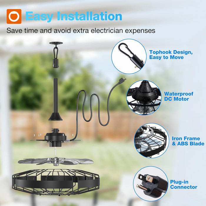 20 Inch Outdoor Ceiling Fan without Light, IP65 Waterproof Plug in Caged Hanging Fan, Remote Control, 6 Speeds Reversible Outdoor Fans for Patio, Gazebo, Pergola, Porch