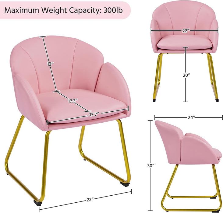 Modern PU Leather Armchair, Flower Shaped Makeup Chair Vanity Chair with Golden Metal Legs for Living Room/Makeup Room/Bedroom/Home Office/Kitchen, Simple Pink
