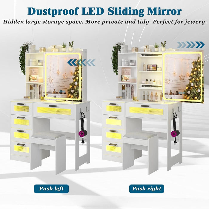 Vanity with LED Mirror, 6 Drawer Dresser with Charging Station for Bedroom, Small Makeup Vanitys Table with RGB Light, Vanity Set with Chair,Jewelry Organizer for Girls-White