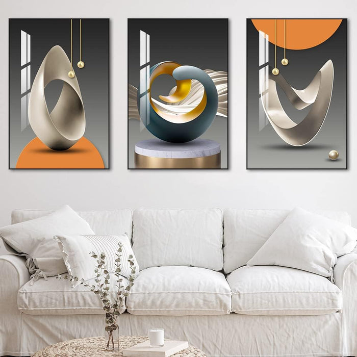 Bright Style Framed Wall Art - Abstract Modern Shape Pattern in White, Blue, Yellow, Grey - Artfully Matching Living Room, Bedroom, Office Decor - 16"X 24"X 3 Panels
