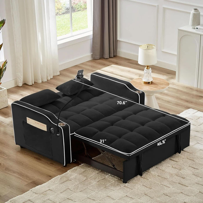 Black Velvet Luxe Sleeper Sofa Bed USBChargingPort