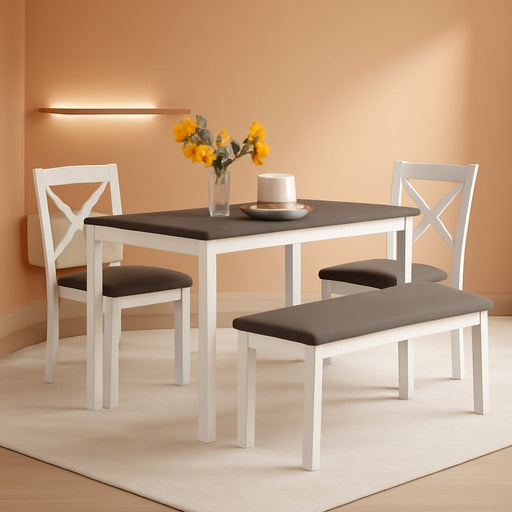 6-Piece Solid Wood Dining Table Set, Including 1 Dining Table, 4 Upholstered Chairs and 1 Bench, Wooden Legs Dining Table Set for Dining Room, Kitchen, Restaurant, White