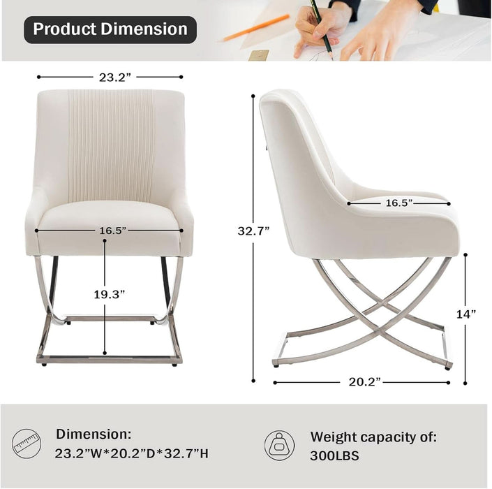 Kitchen Dining Chairs Set of 2,Accent Modern Upholstered Velevt,Contemporary Tufted Metal Chairs with X-Shaped Sliver Legs for Dining Room,Living Room, Reception Room(Beige)