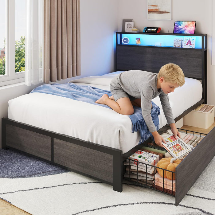 Twin Bed Frame with 2-Tier Storage Headboard, Twin Size Metal Bed Frame with 2 Storage Drawers, 3-In-1 Charging Station & RGB LED, Noise-Free/Metal Support/No Box Spring Needed, Rustic Grey