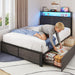 Twin Bed Frame with 2-Tier Storage Headboard, Twin Size Metal Bed Frame with 2 Storage Drawers, 3-In-1 Charging Station & RGB LED, Noise-Free/Metal Support/No Box Spring Needed, Rustic Grey