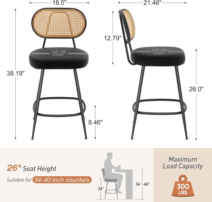 Counter Height Bar Stools Set of 2, 26" Seat Height Barstools with Rattan Back and Metal Legs, Upholstered Faux Leather Bar Chairs for Kitchen Island, Home Bar, Black