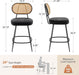 Counter Height Bar Stools Set of 2, 26" Seat Height Barstools with Rattan Back and Metal Legs, Upholstered Faux Leather Bar Chairs for Kitchen Island, Home Bar, Black