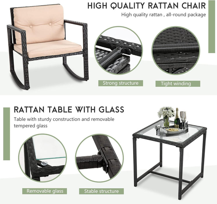 Wicker Patio Furniture Outdoor Bistro Set, Rocking Chair, 3 Piece, Rattan Conversation Set for Backyard Porch Poolside Lawn with Coffee Table,Black