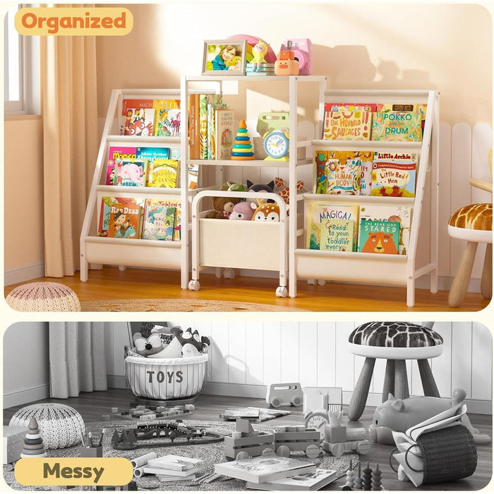 Kids Bookshelf and Toy Storage,2 Sided Montessori Bookshelf, Large Toddler Book Shelf with Movable Toy Bin,6 Tiers Baby Bookshelf,Sturdy Nursery Bookcase,Child Bookshelf for Playroom Classroom