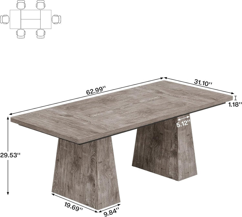 Tribesigns Dining Table for 6, Farmhouse Wood Dinner Rectangular Table Kitchen Table with Double Pedestal, 63" L X 31.5" W X 30" H, Grey