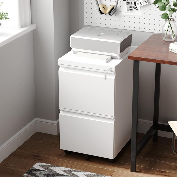 2 Drawer Mobile File Cabinet with Lock,Under Desk Metal Filing Cabinets for Home Office Organizer Letters/Legal/A4(Fully Assembled-White)