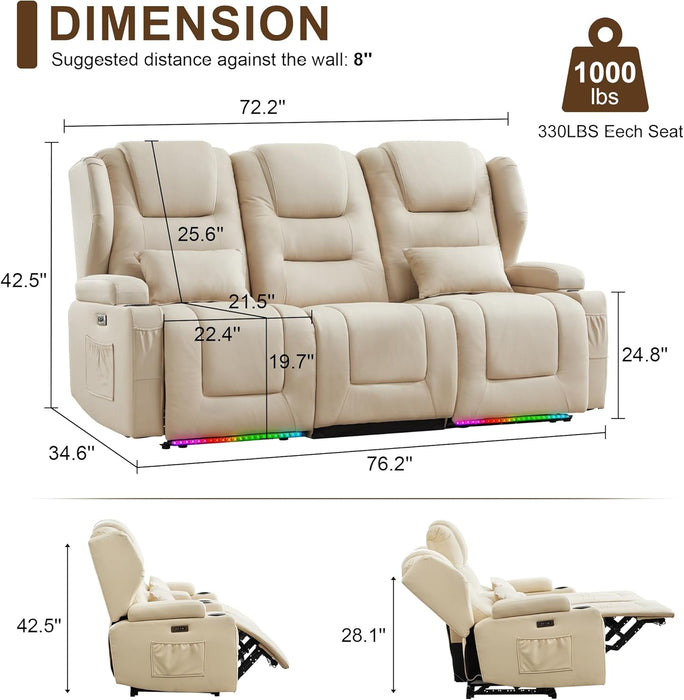 RV Power Loveseat Recliner Sofa, Leathaire Fabric 3-Seater Wall Hugger Reclining Sofa, Home Theater Seating Chair with Cup Holders, 3 Person Couch RV Furniture for Living Room, Beige