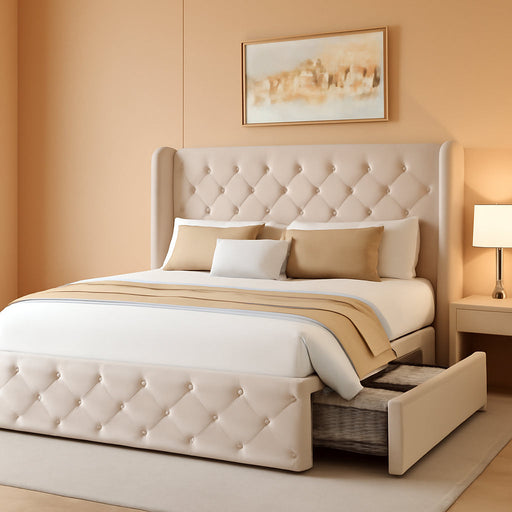 Queen Size Bed Frame with 4 Storage Drawers and Tufted Headboard Linen Upholstered Platform Bed Frame Wingback Beds with Wooden Slats Support, Easy Assembly, Beige