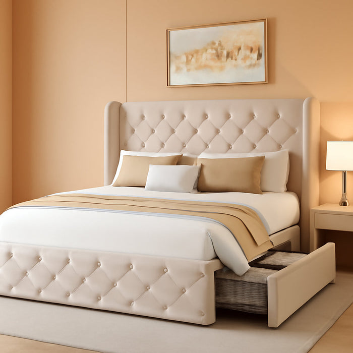 Queen Size Bed Frame with 4 Storage Drawers and Tufted Headboard Linen Upholstered Platform Bed Frame Wingback Beds with Wooden Slats Support, Easy Assembly, Beige