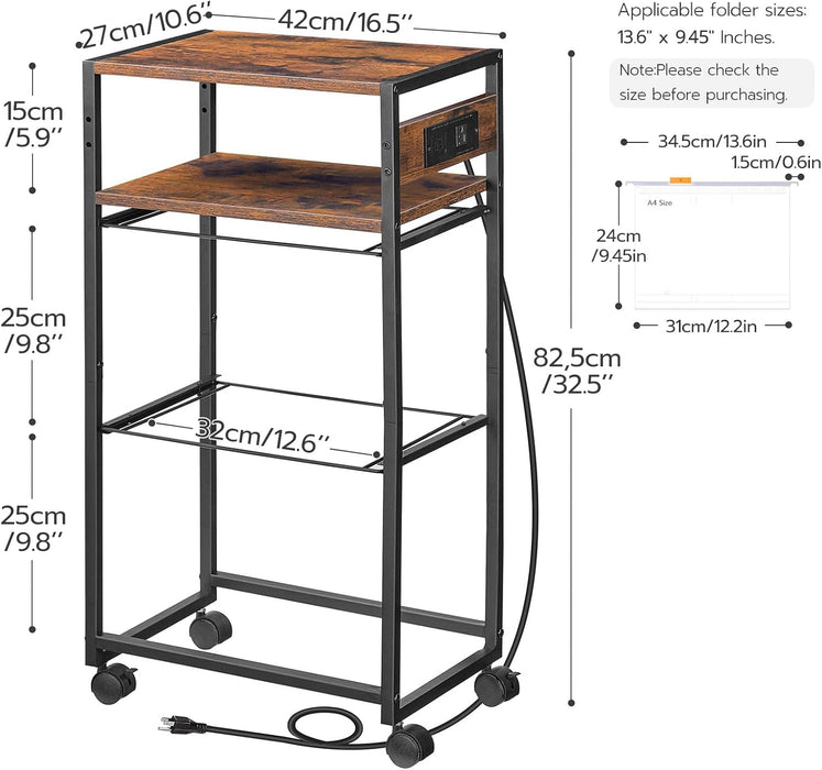 Rolling File Cart, 2 Tiers, Outlets, USB