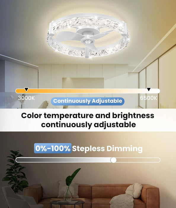 Ceiling Fans with Lights and Remote App 20'' Low Profile Ceiling Fan 3000-6500K Dimmable Modern Flush Mount Ceiling Fan Light LED 6 Speeds Fandelier Ceiling Fans for Bedroom Small Living Room