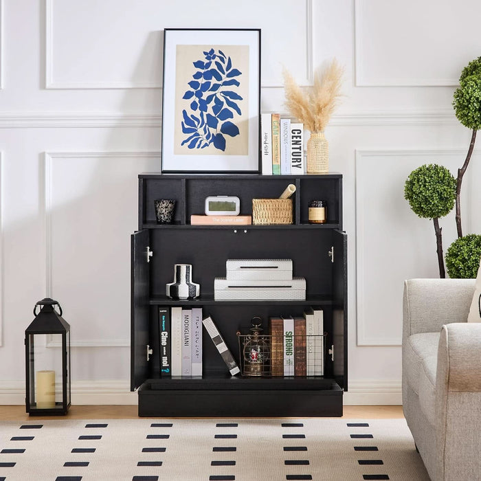 Wooden Sideboard Buffet Cabinet with Open Storage & Adjustable Shelves,Farmhouse Narrow Entryway Cabinet with Socket Hole & Anti‑Tip Kit,Slim Accent Cabinet for Small Spaces (Black 31.7")