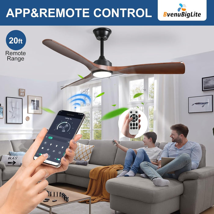 Outdoor Ceiling Fan with Light: 52 Inch 3 Blade Outdoor Fans for Patios - Modern Walnut Ceiling Fan with Dimmable Light Remote APP Control Ultra Quiet Reversible DC Motor Timer