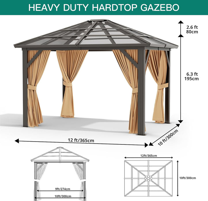 10X12 Ft Gazebo, Hardtop Outdoor Canopy Aluminum Frame Permanent Gazebo with Netting and Curtains, Polycarbonate Garden Tent for Patio, Lawn, Backyard, Deck (10 Ft X12 Ft)