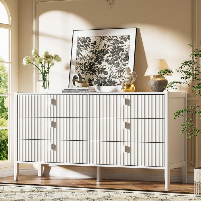 White 6 Drawer Dresser, Modern Wide Dresser for Bedroom, Fluted Wood Chest of Drawers with Metal Handles for Clothes, Storage Cabinet for Living Room, Entryway, Office