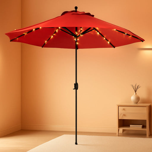10Ft Solar Patio Umbrella with 32 LED Lights, Table Market Umbrella with Tilt Adjustment & Crank Lift, Outdoor Sun Shelter for Garden, Deck, Backyard, Pool and Beach