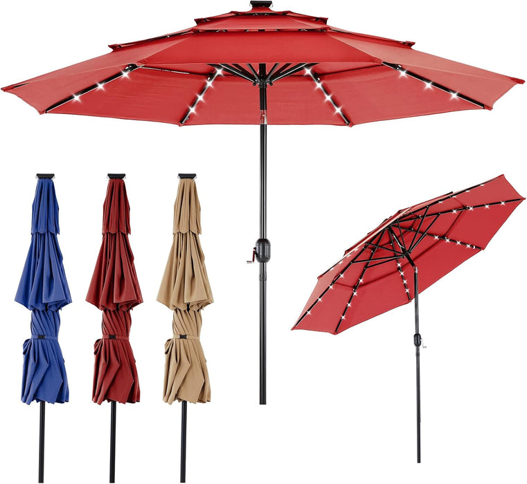 10Ft Solar Patio Umbrella with 32 LED Lights, Table Market Umbrella with Tilt Adjustment & Crank Lift, Outdoor Sun Shelter for Garden, Deck, Backyard, Pool and Beach