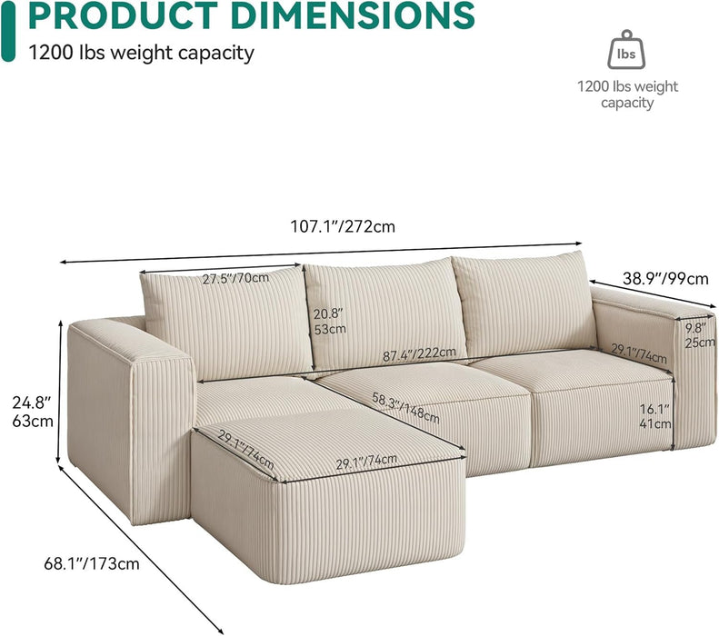 107 Inch Cloud Modular Sofa with Deep Seats Comfort - ShipItFurniture