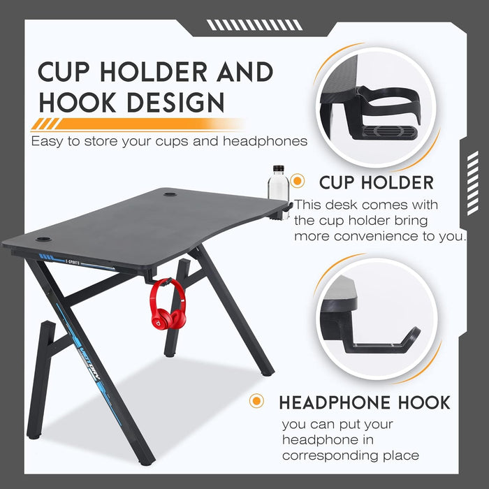 Gaming Desk Computer Desk 47"X 23" Home Office Desk Extra Large Modern Ergonomic Black PC Carbon Fiber Table Gamer Workstation with Cup Holder Headphone Hook,Blue