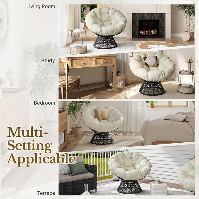Indoor Papasan Chairs with Thick Tufted Cushions and Frame, Swivel Wicker Ergonomic Lounge Reading Chairs for Living Room/Bedroom, Beige