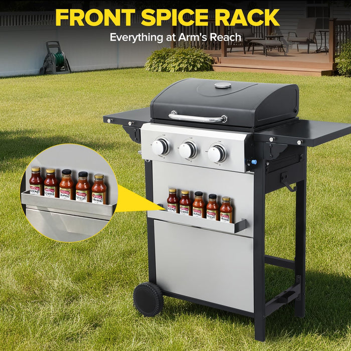 3 Burner Propane Gas Grill, 30,000 BTU Stainless Steel Outdoor BBQ Grill with 322 Sq. In. Cooking Area & 2 Foldable Side Shelves, Patio Cookout Essentials for Backyard