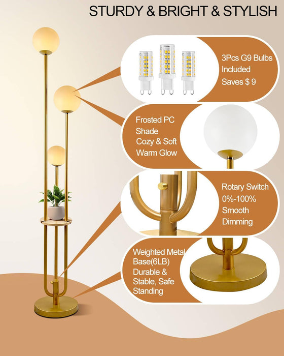 Gold Globe Floor Lamp 3-Lights Dimmable Floor Lamps with Tray 3000K Bulbs Included Unique Floor Lamp Candle Holder Style Modern Standing Lamps for Living Room/Bedroom