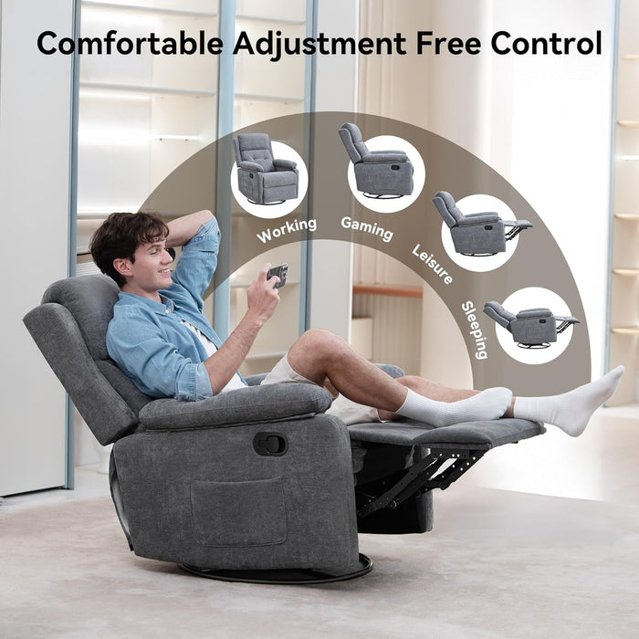 Swivel Rocker Recliner Chair with Adjustable Backrest and Footrest, Ultra-Comfy Fabric Reclining Chair, Glider Recliner with Lumbar Support & Overstuffed Arms, Chairs for Living Room (Grey)