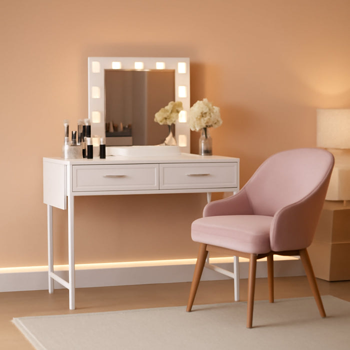 White Small Desk with Fabric Drawers - 32 Inch Vanity Desk with Storage Drawer and Bag for Bedroom, Small Vanity without Mirror, Study Writing Table for Her Girls, White