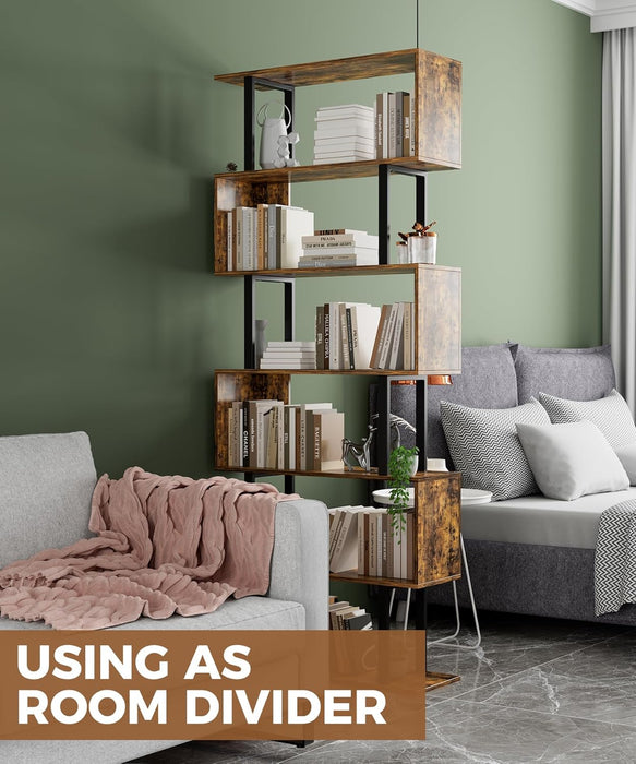 6 Tier Geometric Bookcase,S Shaped Bookshelf, Wood Decorative Storage Shelving, Modern Freestanding Display Shelves, Tall Book Shelf Unit for Living Room Bedroom, Rustic Brown