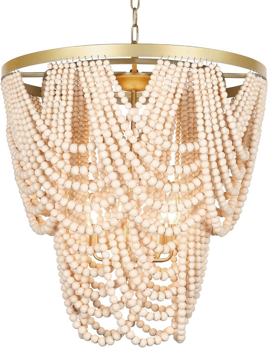 6 Light Contemporary Farmhouse Wooden Beaded Chandelier