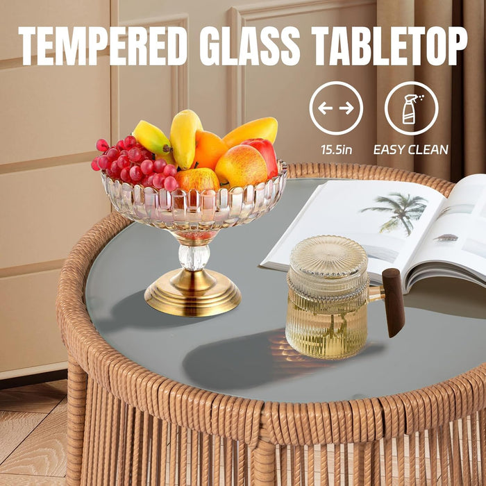 3 Pieces Outdoor Wicker Bistro Patio Furniture Set, Porch Furniture Rattan Conversation Sets with Side Table and Cushions for Garden Poolside Backyard, Yellow/Beige