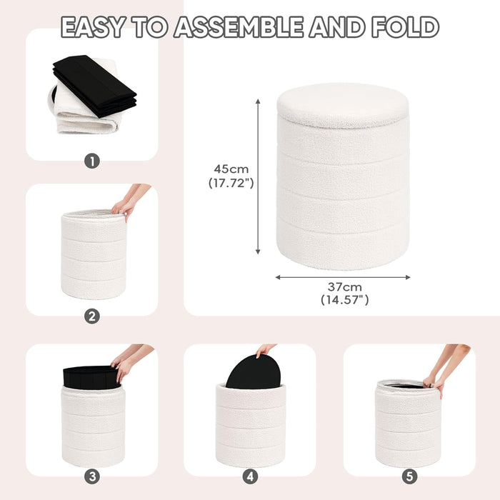 round Storage Ottoman Foot Rest Stool with Tray Velvet Sherpa Folding Storage Ottoman,Boucle Foot Rest for Living Room, Bedroom, Dorm（White）
