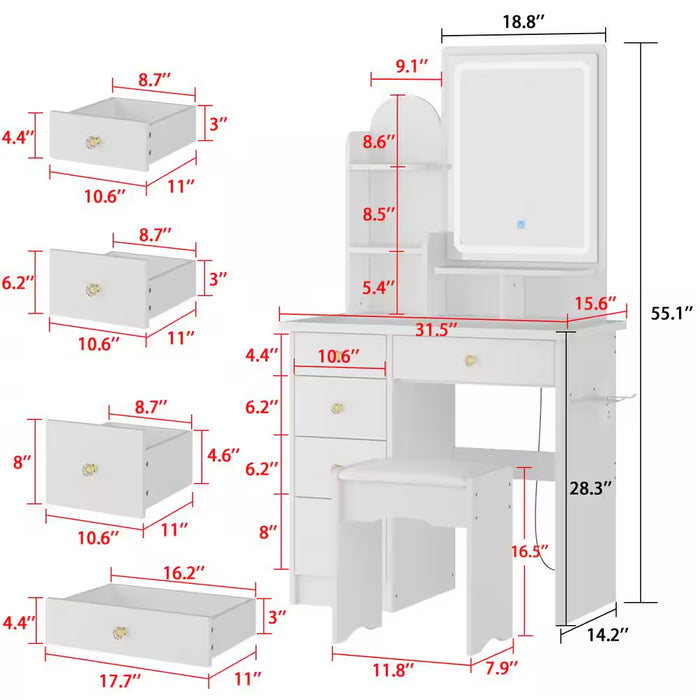 5-Drawers White Makeup Vanity Sets Dressing Table Sets with Stool, LED Lighted Mirror, Power Strip and Hair Dryer Holder