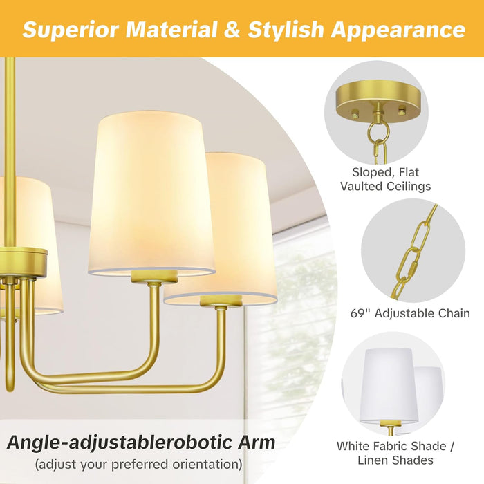 Farmhouse Chandelier, 5-Light Gold Chandelier with White Fabric Shade, Height Adjustable Modern Dining Room Light Fixture with E26 Base for Bedroom Foyer Hallway Entryway Kitchen Living Room