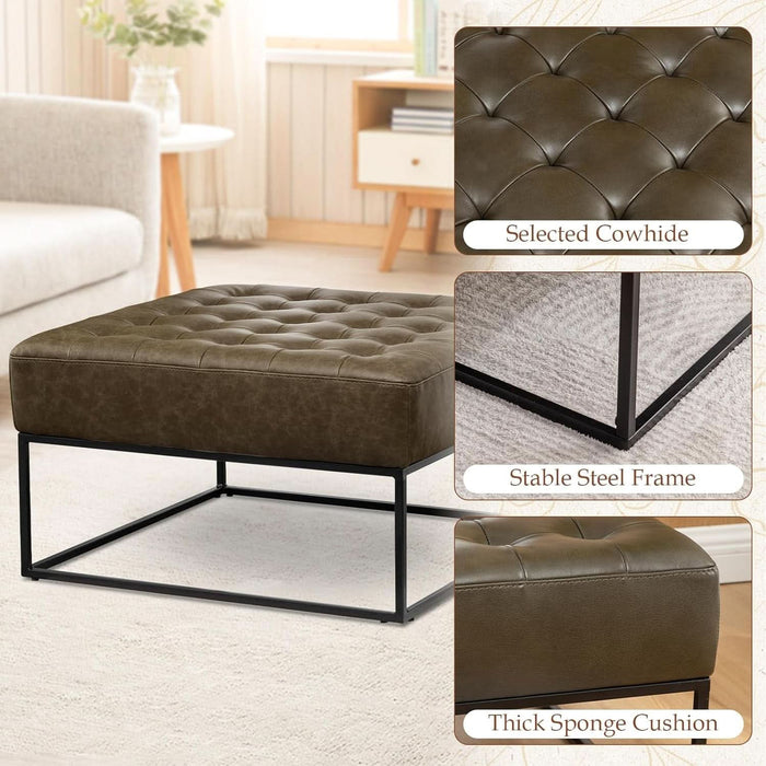 Modern Genuine Leather Square Coffee Table, 30'' Farmhouse Ottoman for Living Room, Large Vintage Genuine Leather Coffee Tables with Leather Upholstered Padded Seat Olive Green