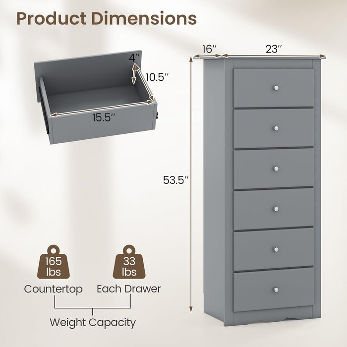 6-Drawer Dresser for Bedroom, Wooden Chest of Drawers W/Metal Handles & Large Capacity, 16" D X 23" W X 53.5" H Clothes Organizer, Modern Tall Dresser for Bedroom, Entryway, Living Room
