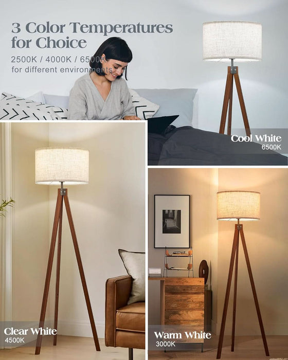 Solid Wood Tripod Floor Lamp with 3 Color Temperatures LED Bulb, Mid Century Modern Reading Standing Light Nature Linen Shade Tall Night Light for Bedroom Living Room Office Study Room, Brown