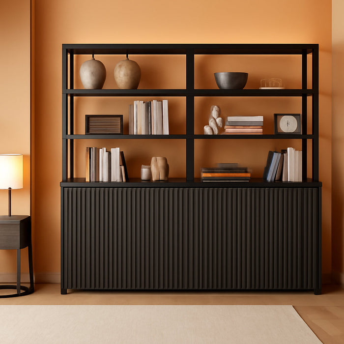 Fluted Book Shelf with Doors 75" Tall Bookshelf with Storage | 6 Tier Large Bookcase with Bottom Cabinet - Modern Metal Book Case for Living Room, Home Office, Kitchen, 3 Pieces