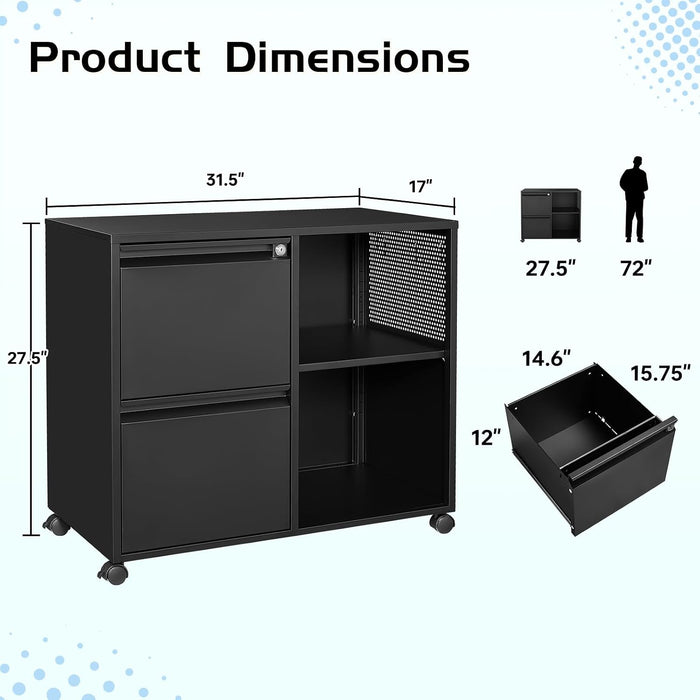 2 Drawer File Cabinet with Lock, Metal Lateral Rolling Printer Stand Filing Cabinets with Drawers for Home Office,A4, Letter Size File Folders(Black)