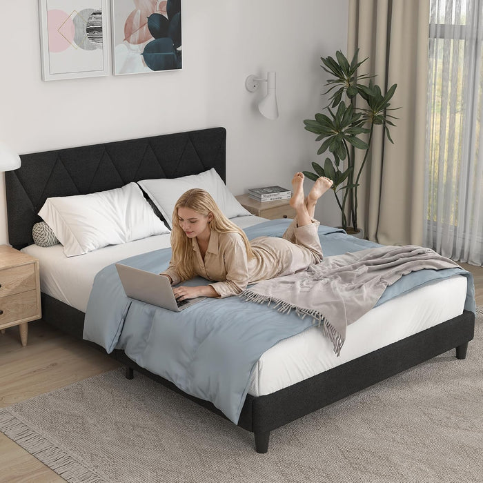 Queen Bed Frame, Chenille Button Tufted Design Upholstered Headboard, Black