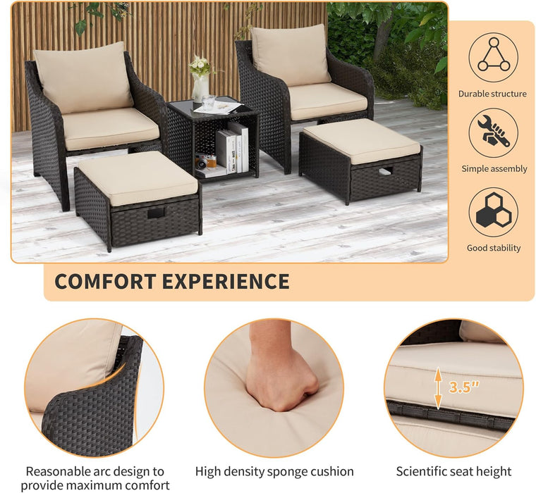 5 Piece Balcony Furniture, All Weather PE Wicker Rattan Patio Furniture Set, Cushioned Patio Chairs Set of 2 W/Ottoman&Table, Outdoor Lounge Chair for Lawn Pool Balcony, Khaki