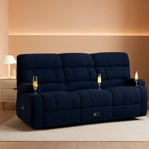 Recliner Sofa with Storage Console, Flip Middle Backrest Design 3-Seater Reclining Sofa with Storage Drawer, USB Ports & Cup Holders, Manual Couch for Living Room (Blue, 3 Seater + Console)