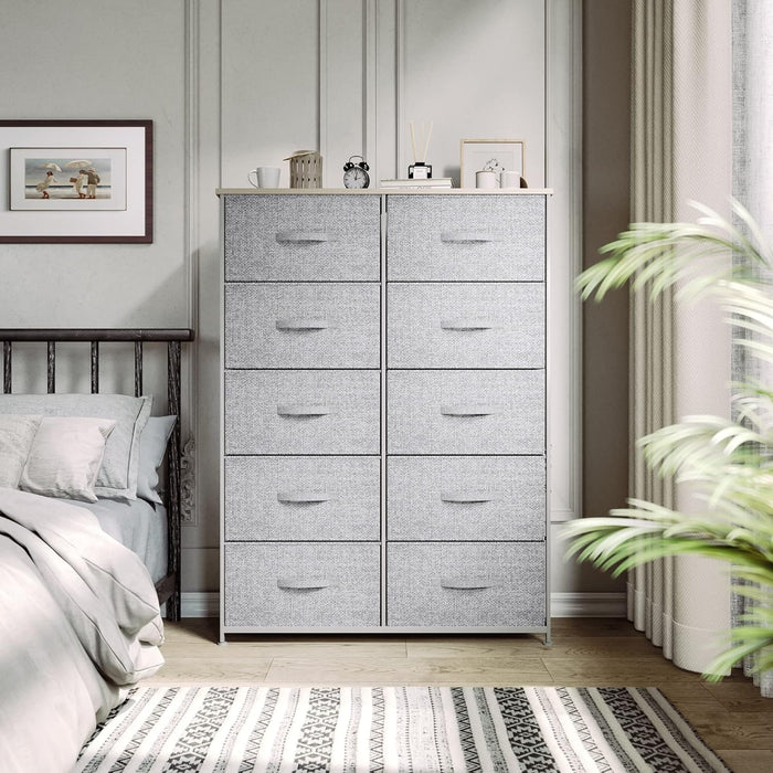 Gray Dresser with 10 Fabric Bins