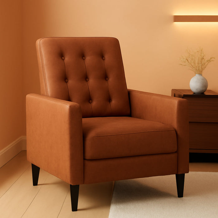 Faux Leather Recliner Sofa Mid-Century Modern Single Reclining Chair Adjustable Back & Footrest Tufted Upholstered Sofa with Pocket Spring Living Room Bedroom Home Theater Brown