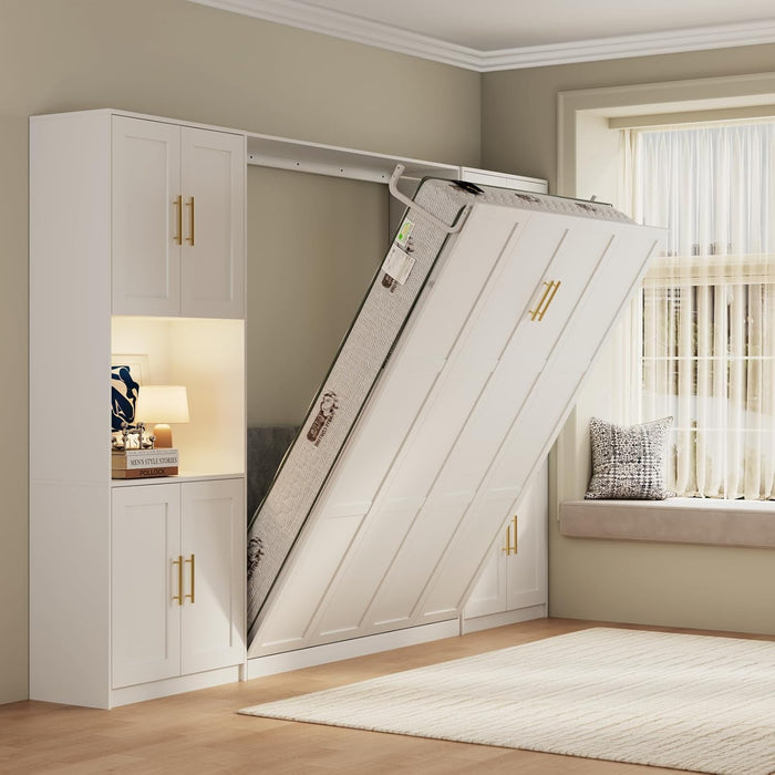 Farmhouse Murphy Bed Queen, 85" Wall Bed Folds to save Space, Concealed Bed Frame with 2 Storage Cabinets and Wall Mounted Features for Apartment/Office/Guest Room